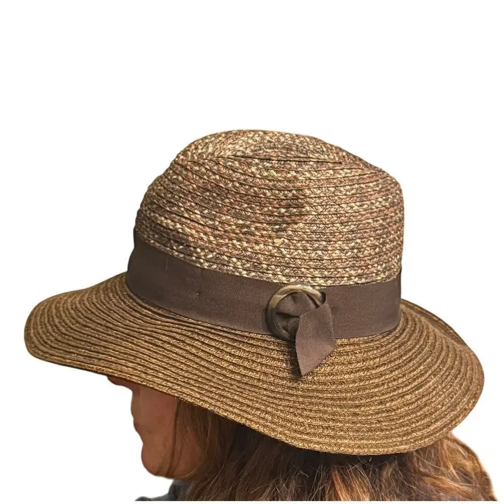 Goorin Bros Wide Brim Straw Hat Brown Ribbon with Tortoise Shell Buckle Medium